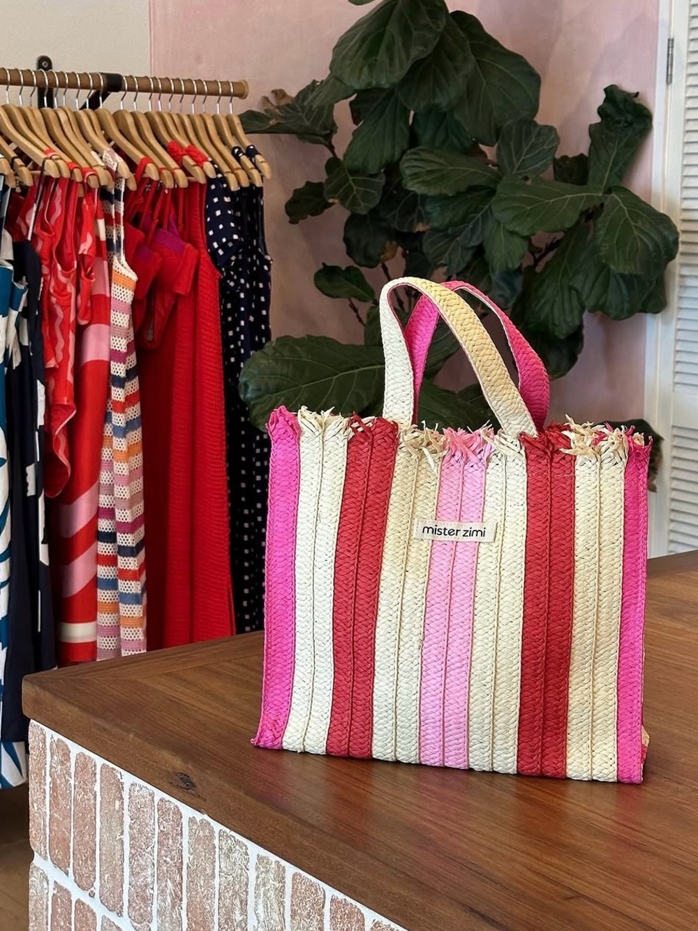 Mister Zimi NEW Pink Red Straw Striped Summer Tote Bag In Sorbet